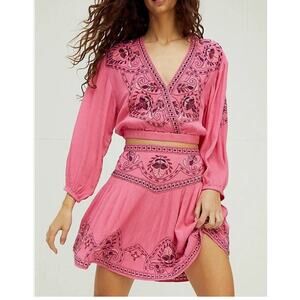 Free People Pink Nico Set Skirt Crop Top Embroidered Boho Festival Indie Women's